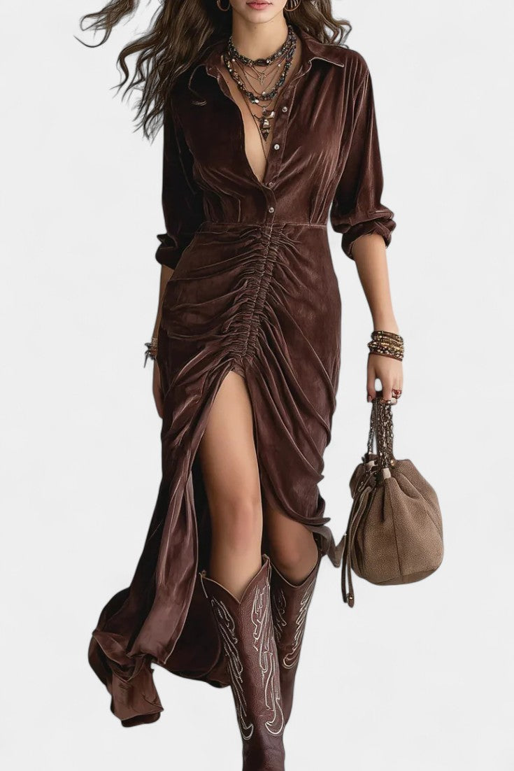 Quitterie Robe Midi en Velours Plissé avec Boutons Vintage