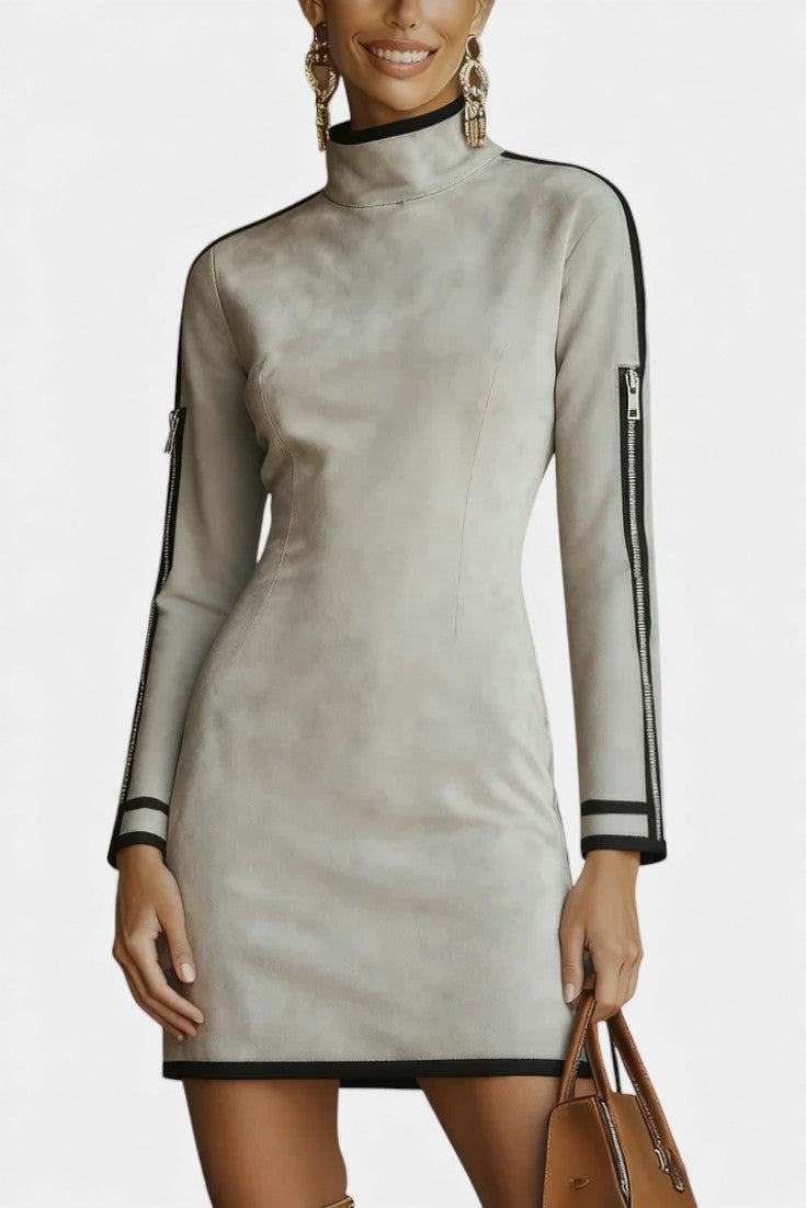 Laodice Robe Mini Gris Clair à Col Montant et Détails Zippés