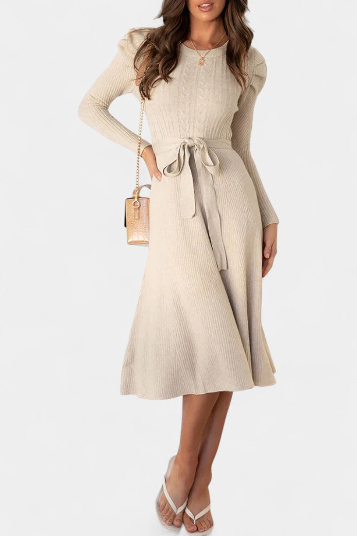 Évoria Robe Pull Midi Tricotée à Manches Bouffantes et Détail Lacé