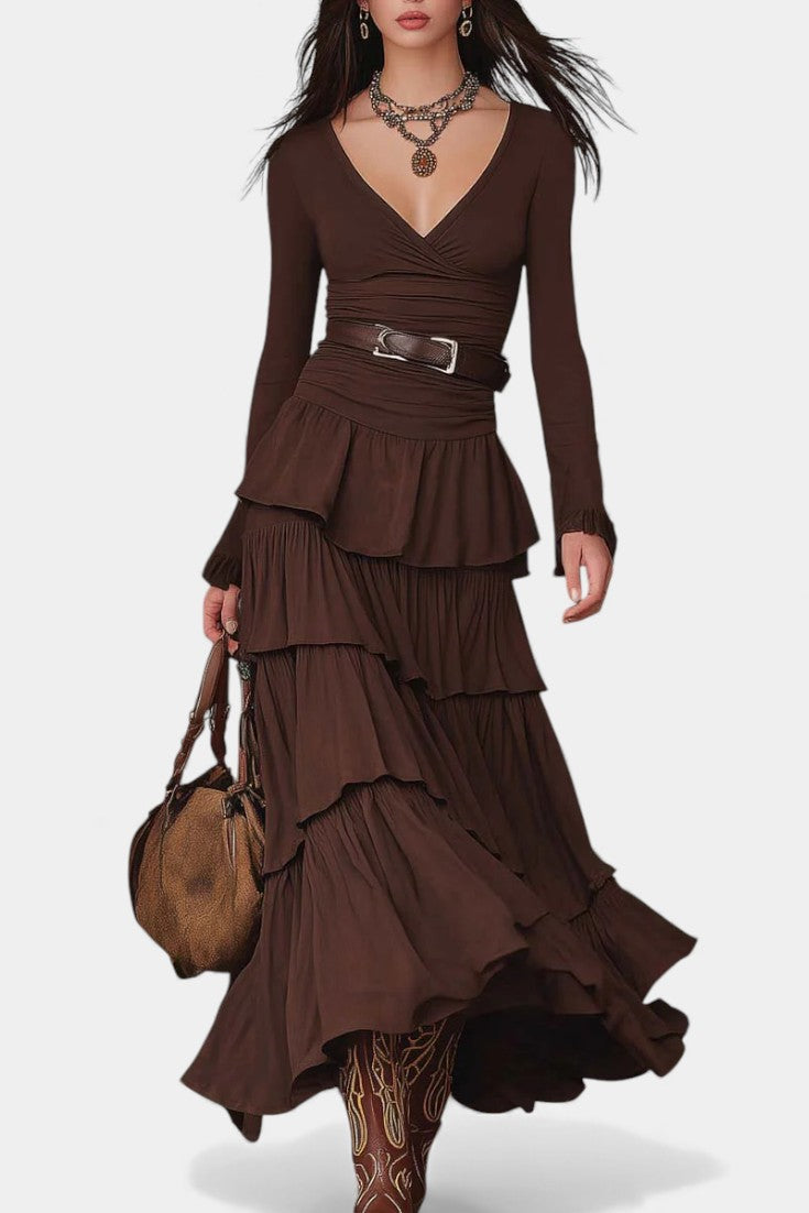 Hinda Robe Midi Rétro à Volants Multicouches