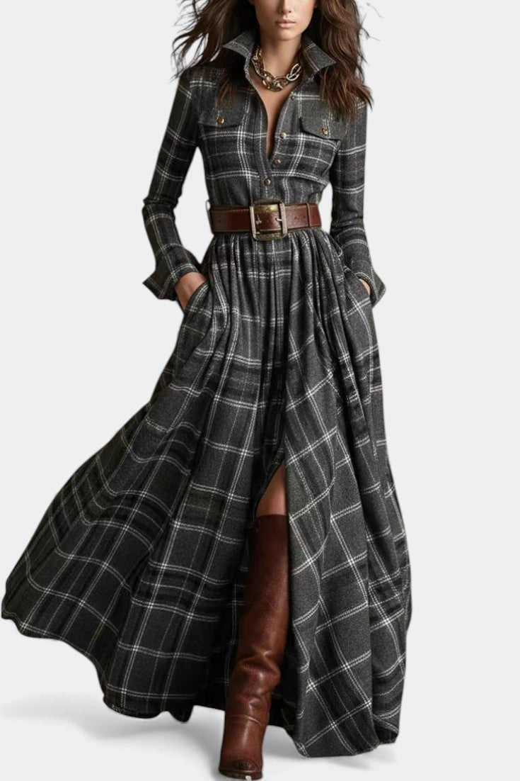 Eustelle Robe Maxi à Carreaux Gris avec Col