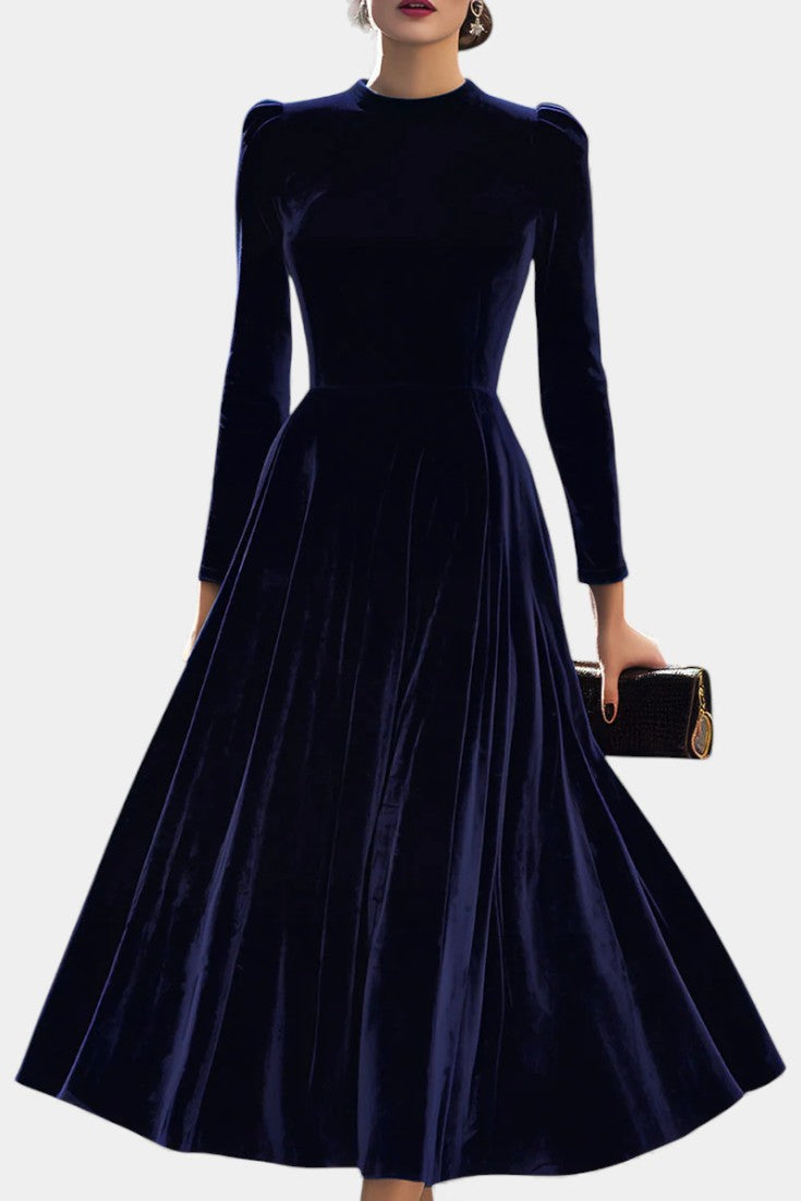 Zéliane Robe Midi en Velours Bleu Marine Luxueux