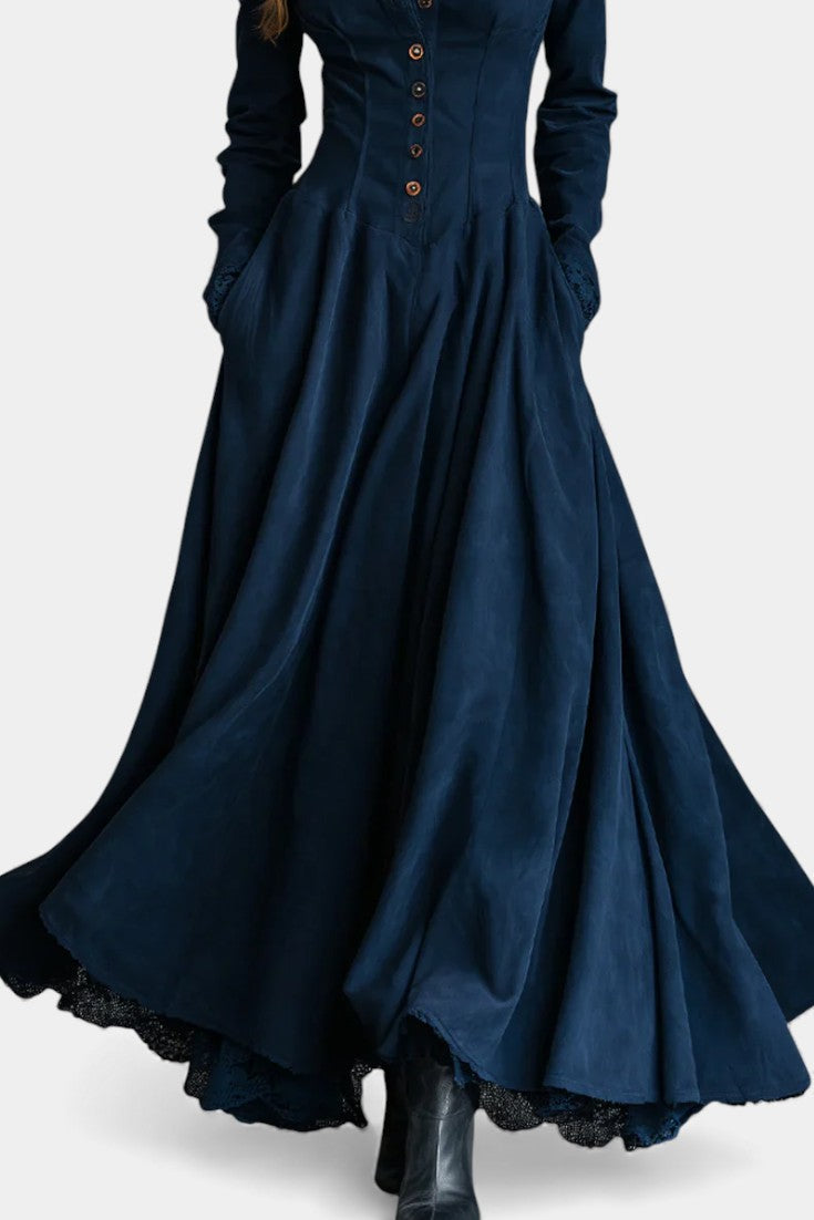 Maravilla Robe Longue en Suédine avec Col Chemise et Dentelle