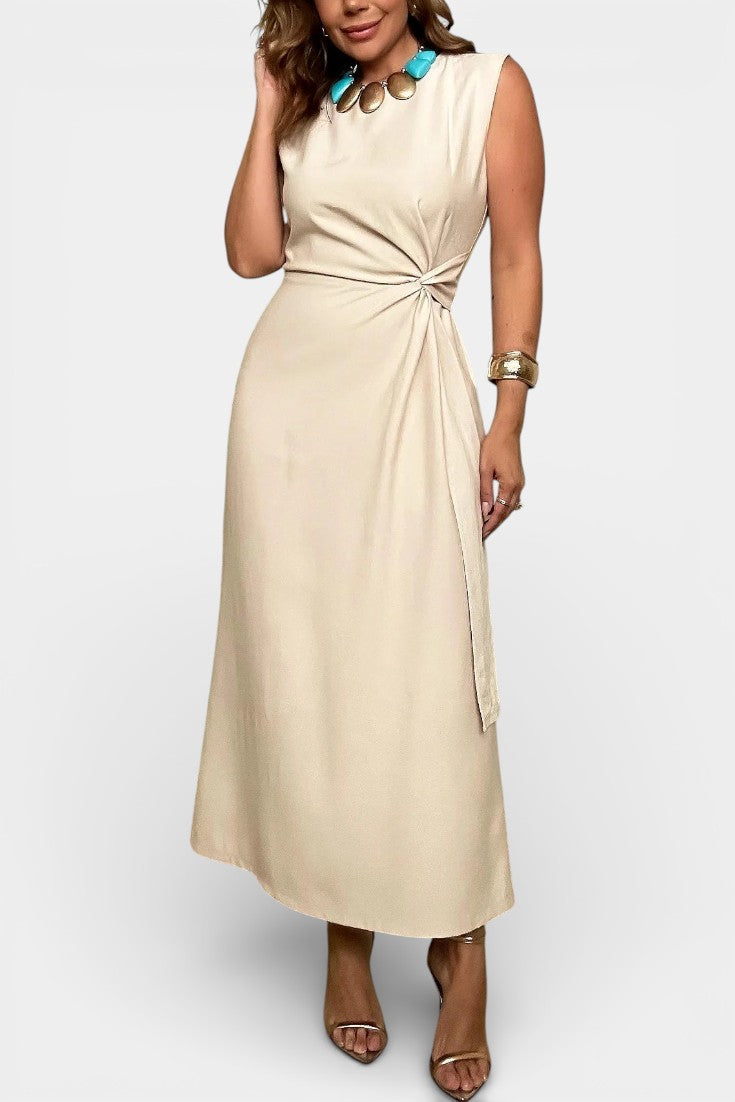 Cahla Robe Midi Sans Manches à Col Haut et Nœud Drapé
