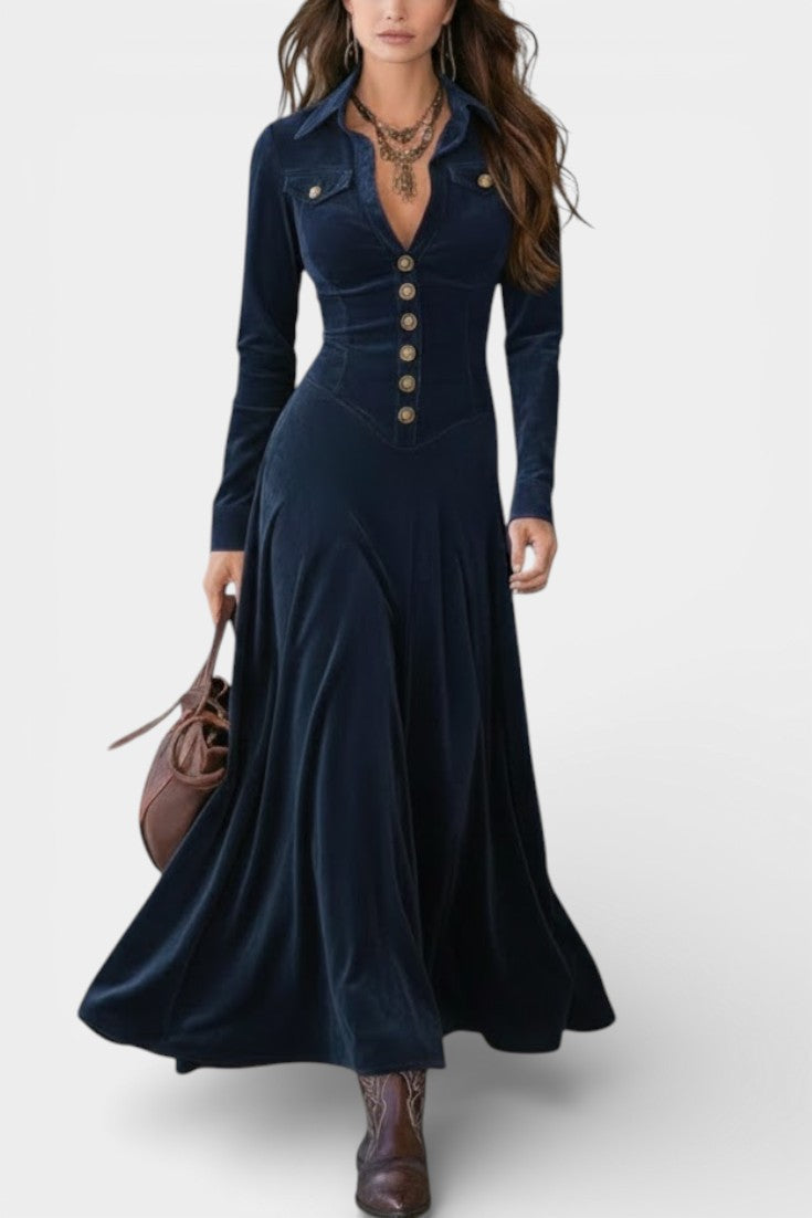 Romy Robe Longue en Suédé à Boutons et Décolleté Plongeant