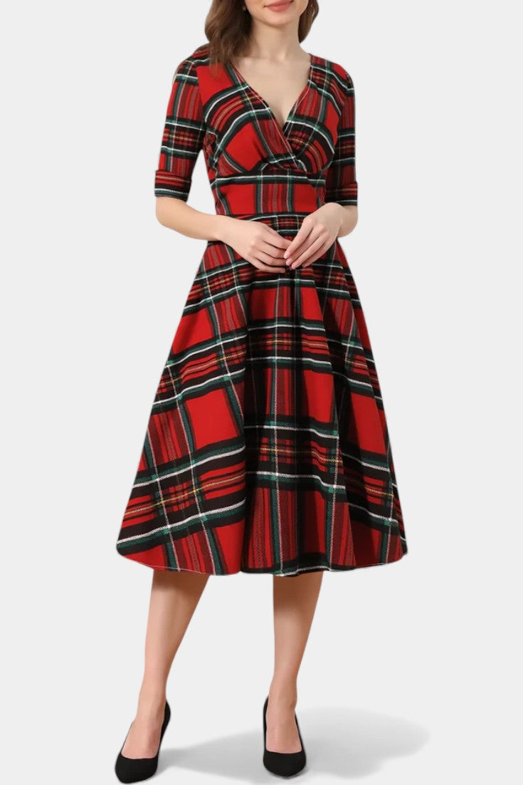 Véra Robe Midi Évasée à Imprimé Plaid et Décolleté V Festif