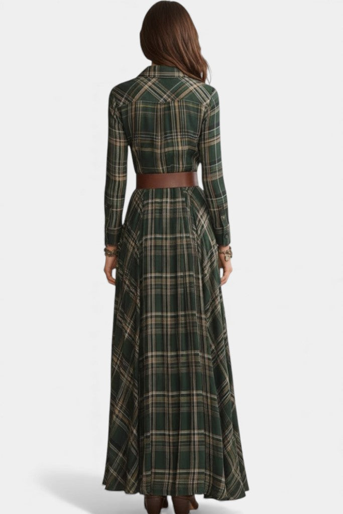 Alyona Robe Maxi Western Chic à Carreaux Vert Profond