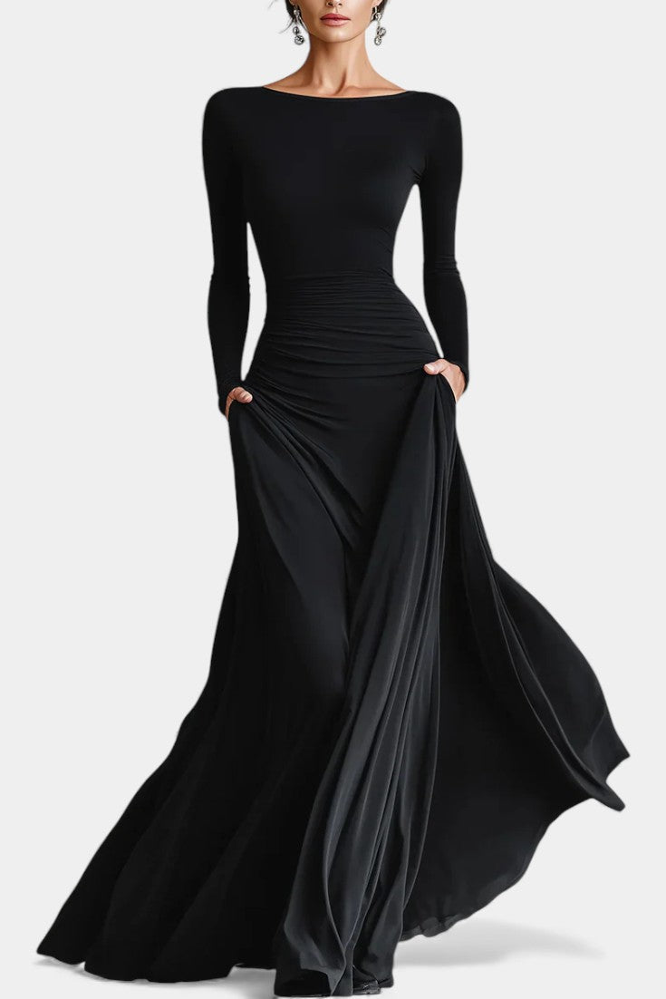 Stelline Robe Longue Plissée en Crêpe Moderne Noire