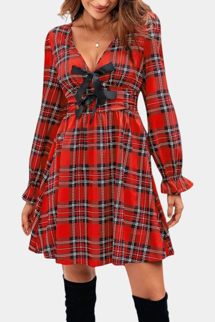 Suzel Robe Mini Évasée à Nœud Plaid et Décolleté V Festif