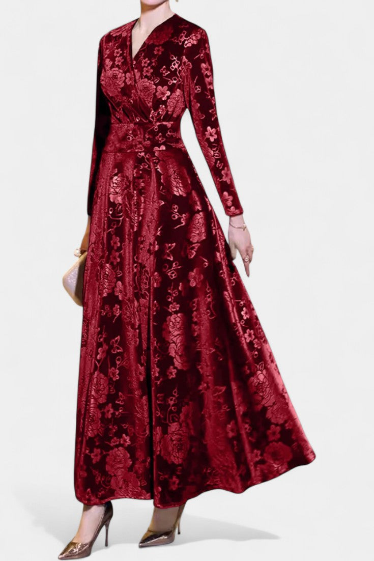 Ombeline Robe Longue en Velours à Col V et Motif Floral Texturé