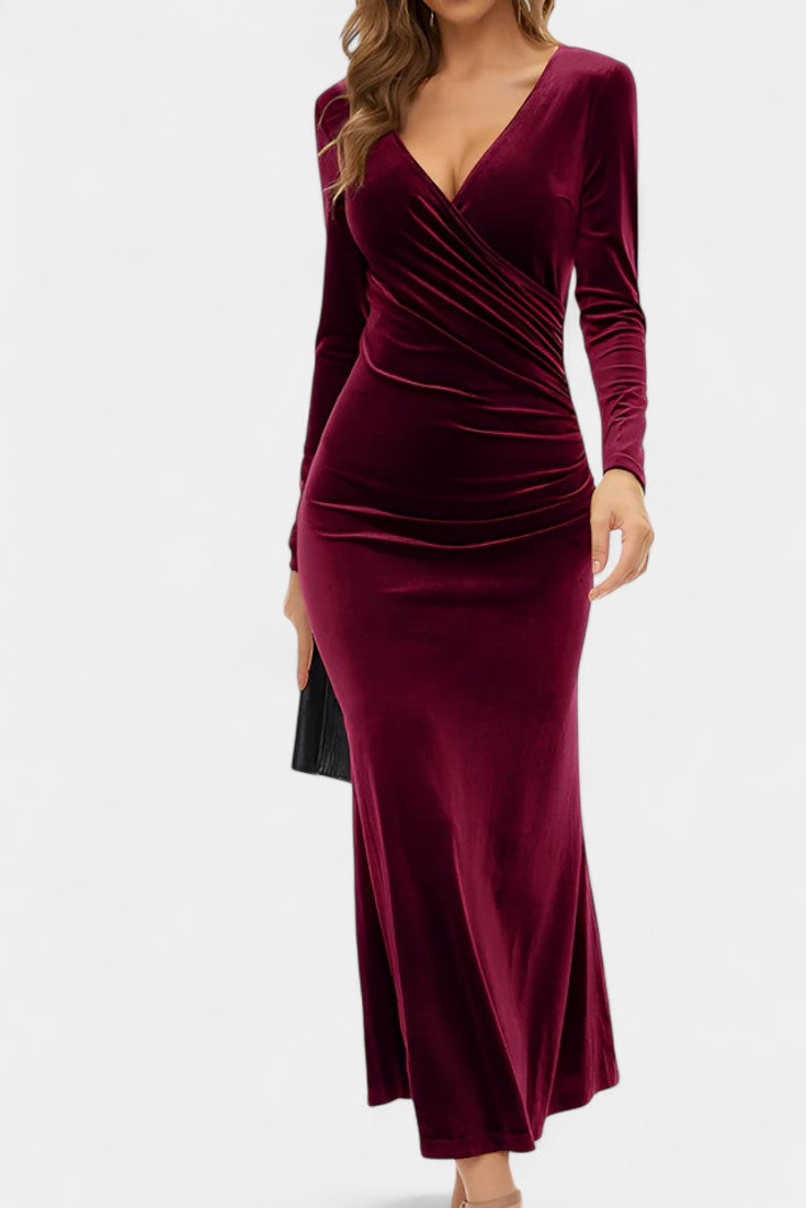 Hespérie Robe Longue en Velours à Fronces Asymétriques et Ourlet Sirène