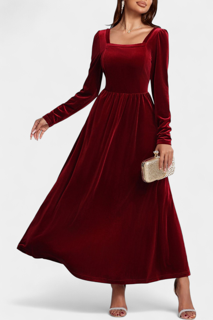 Stéphanie Robe Longue en Velours à Dos Nu et Col Carré
