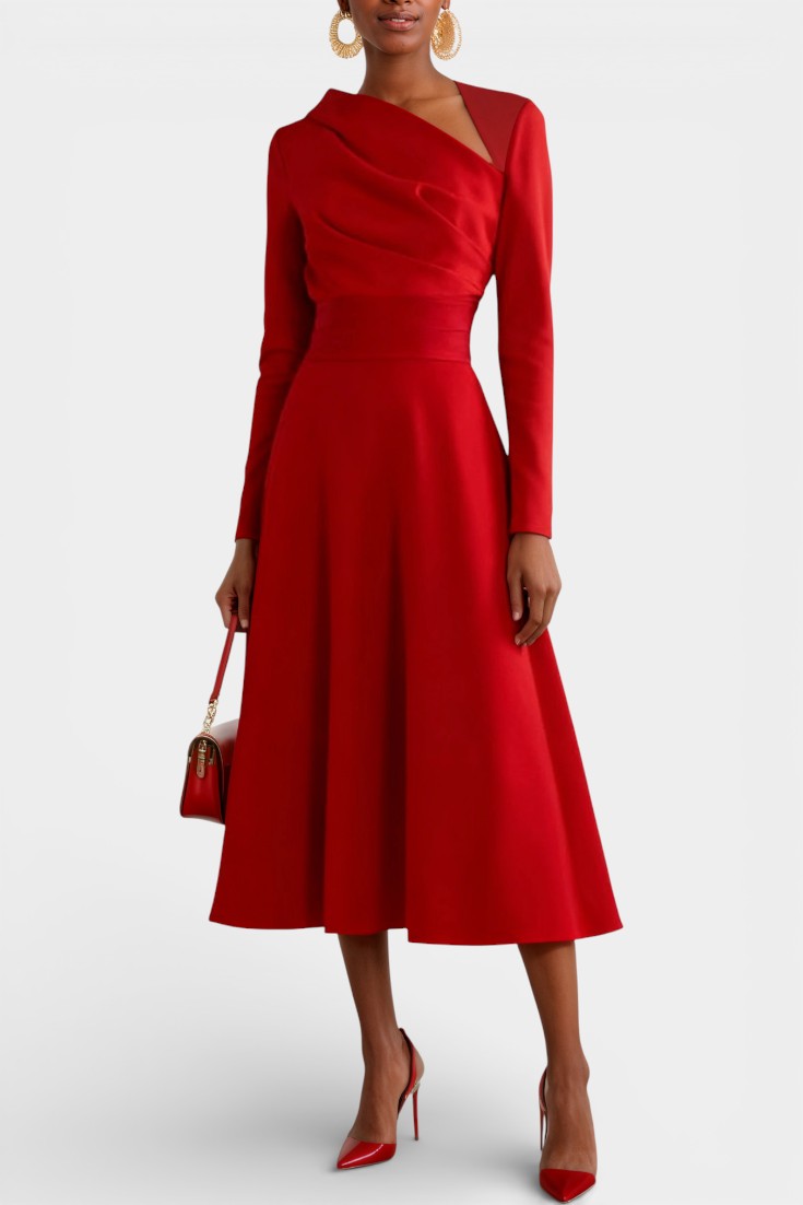 Wanda Robe Midi Asymétrique à Manches Longues et Coupe Trapèze