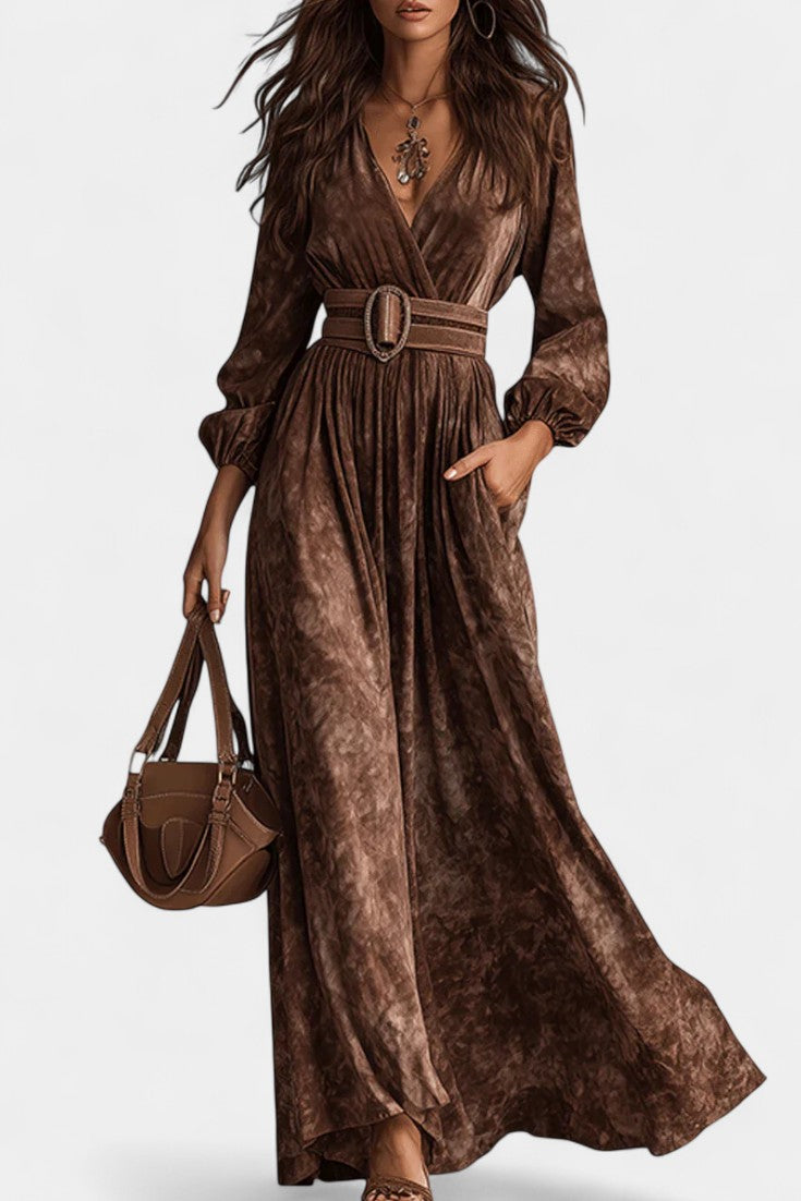 Myrtille Robe Maxi en Velours Chocolat à Col en V