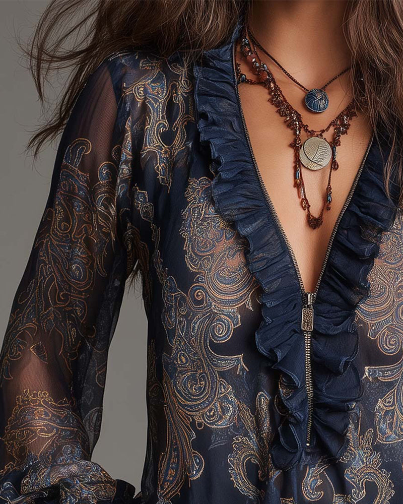 Élise | Blouse bohème chic à volants et col zippé