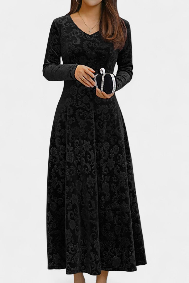 Alexane Robe Longue en Velours à Imprimé Floral et Col en V