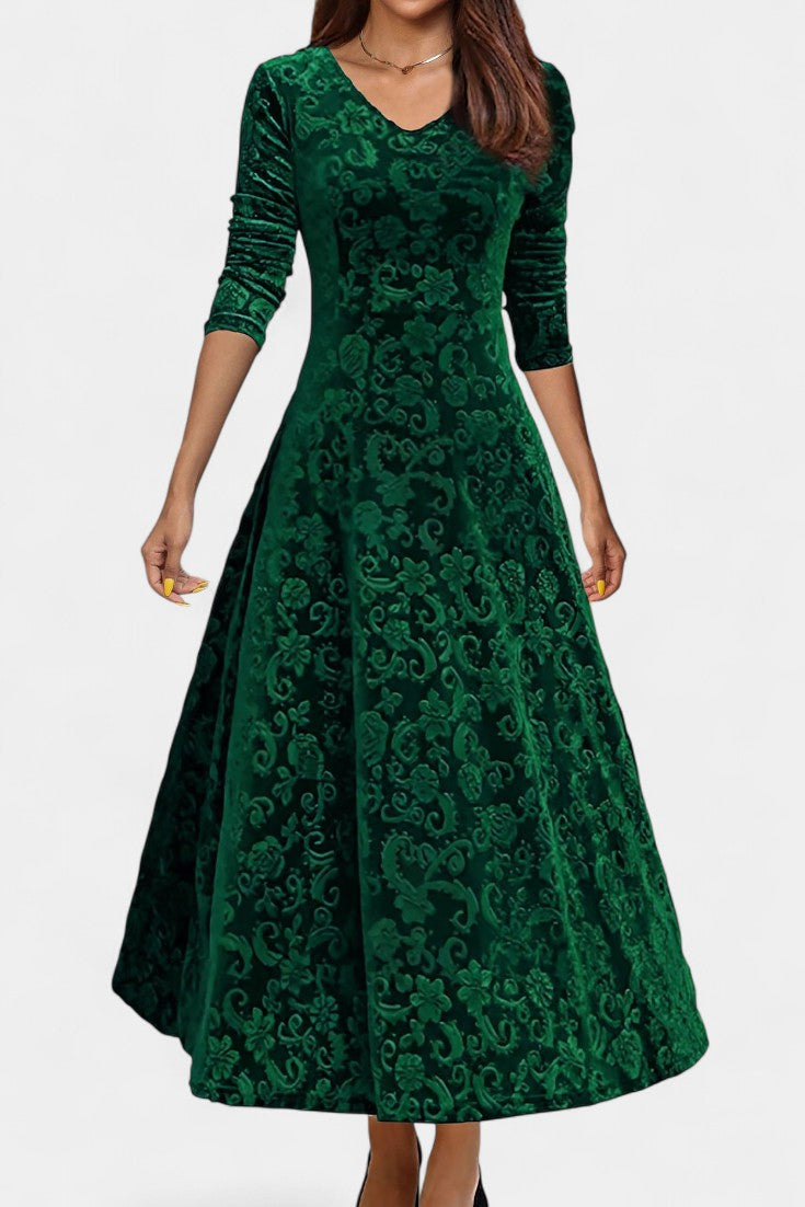 Alexane Robe Longue en Velours à Imprimé Floral et Col en V