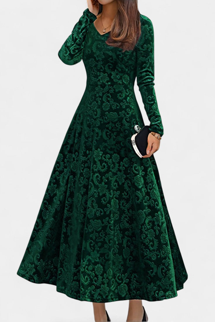 Alexane Robe Longue en Velours à Imprimé Floral et Col en V
