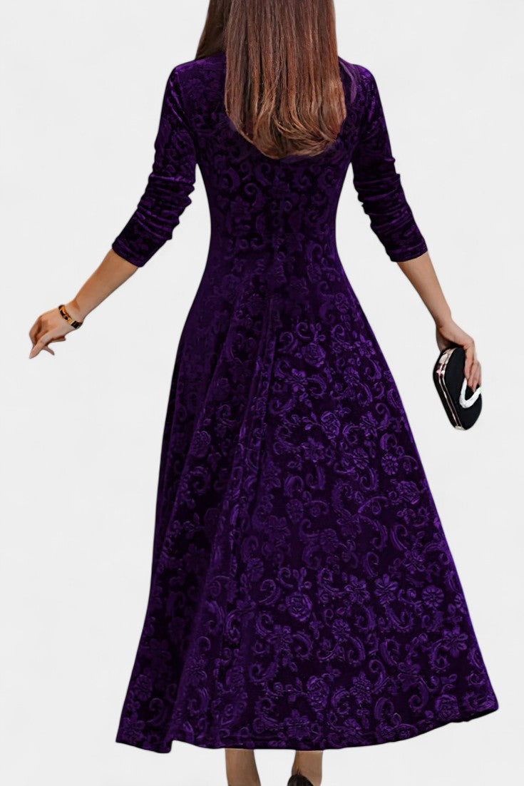 Alexane Robe Longue en Velours à Imprimé Floral et Col en V