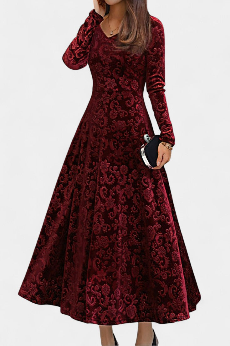 Alexane Robe Longue en Velours à Imprimé Floral et Col en V