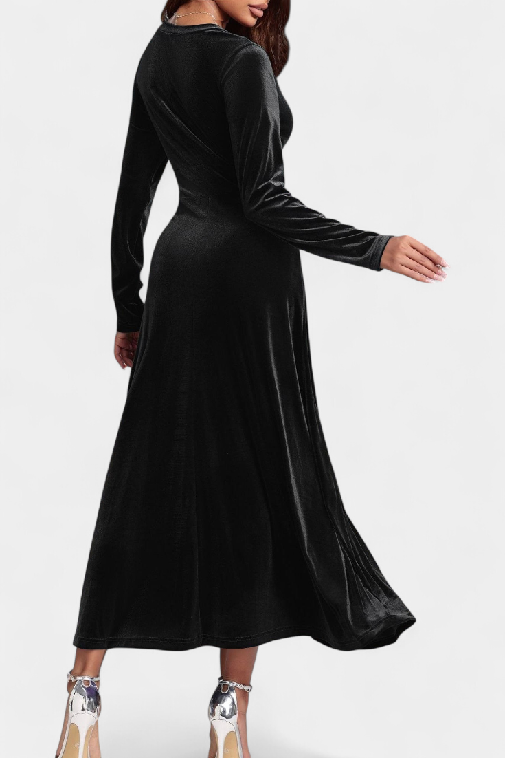 Alizée Robe Longue en Velours à Col en V et Coupe Évasée
