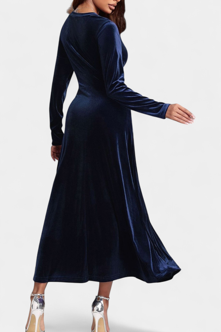 Alizée Robe Longue en Velours à Col en V et Coupe Évasée