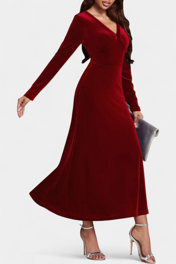Alizée Robe Longue en Velours à Col en V et Coupe Évasée