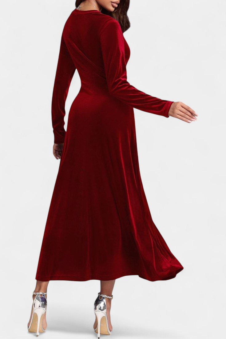 Alizée Robe Longue en Velours à Col en V et Coupe Évasée